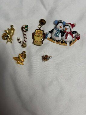 Holiday Penguin and Assorted Christmas Brooch Set - White, Gold, Red, Blue